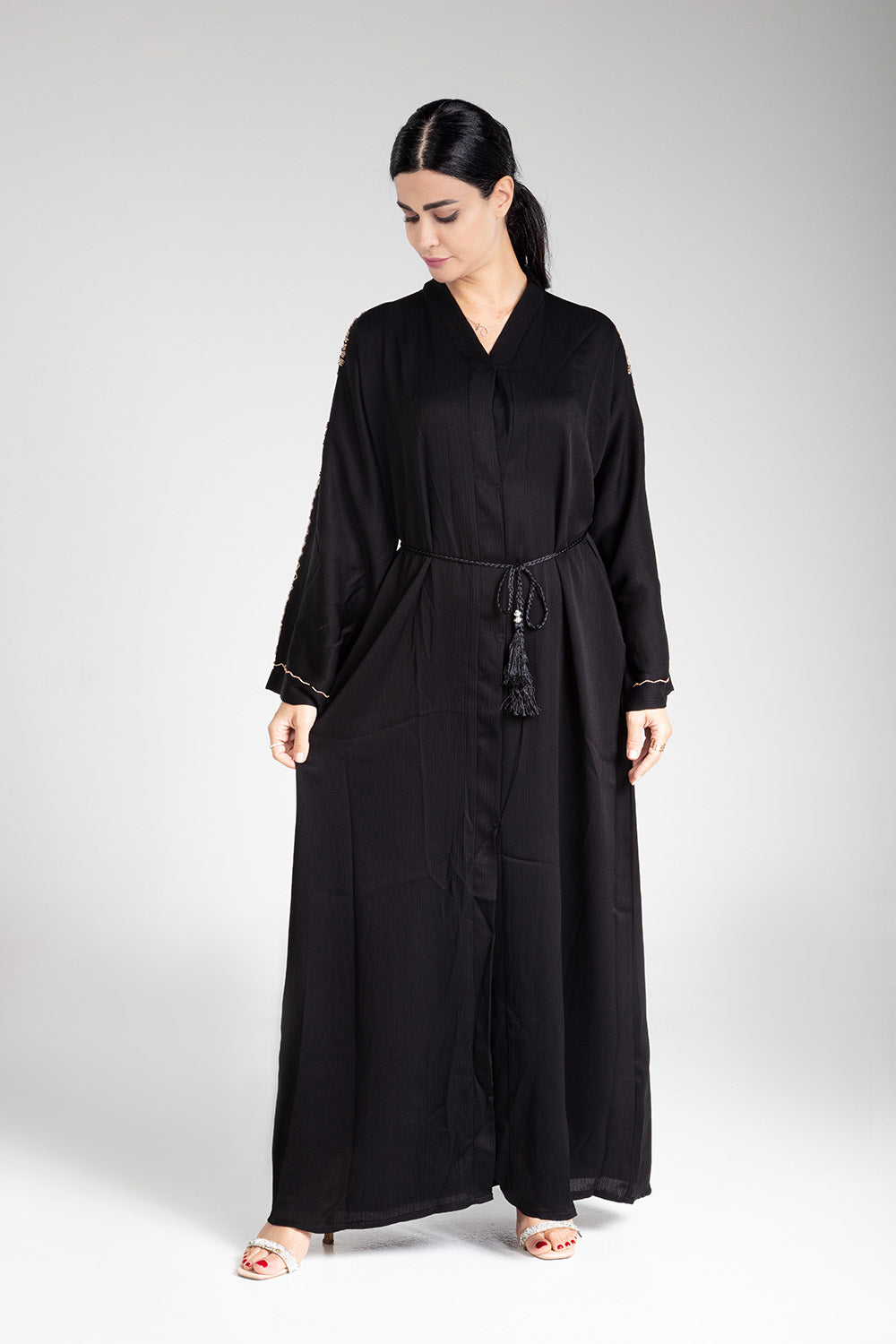Black Open Abaya with Bead