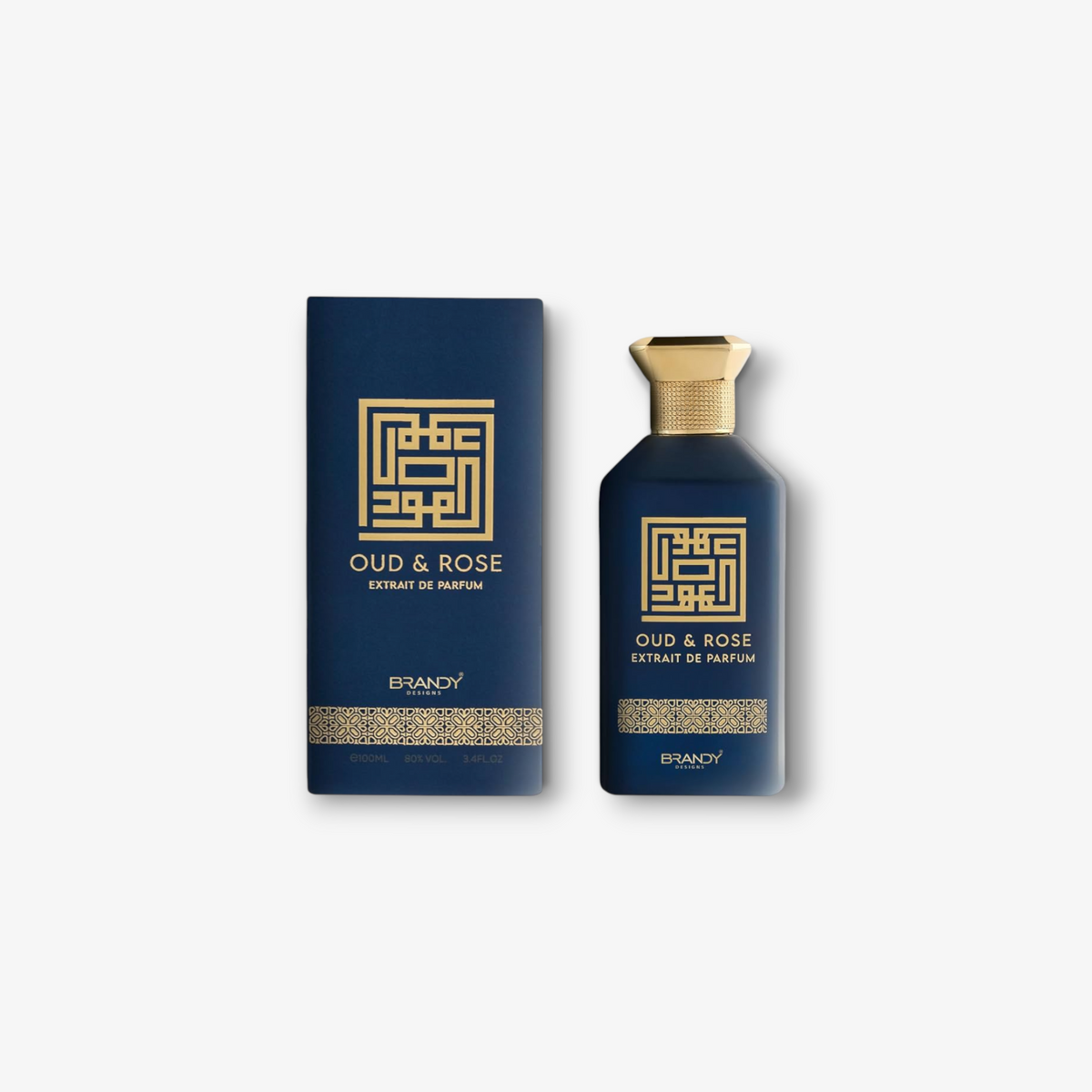 JLifestyle Oud and Rose Extrait De Parfum bottle and box in deep blue with gold geometric branding
