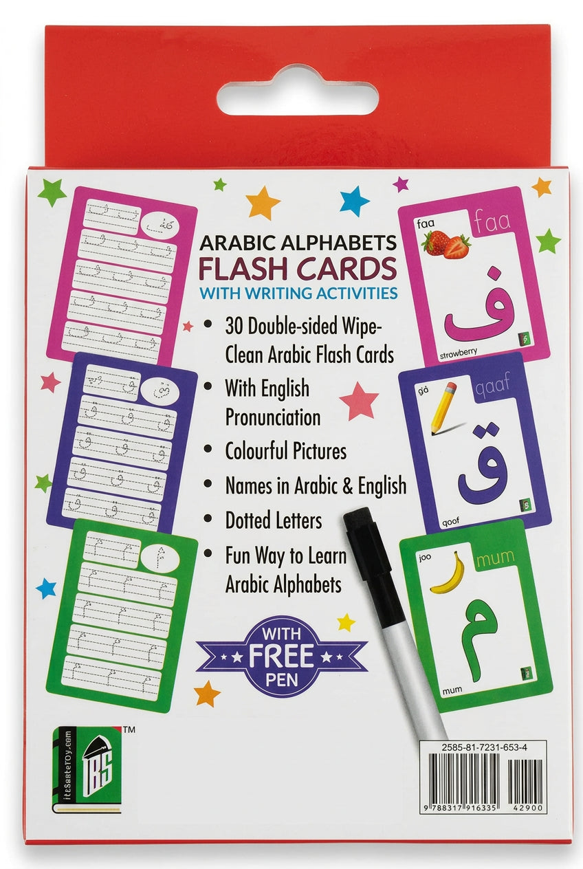 Arabic Alphabets Flash Cards with Writing Activities in its original retail packaging, featuring a red header, white card backing, colorful sample flash cards, and a black and white pen.