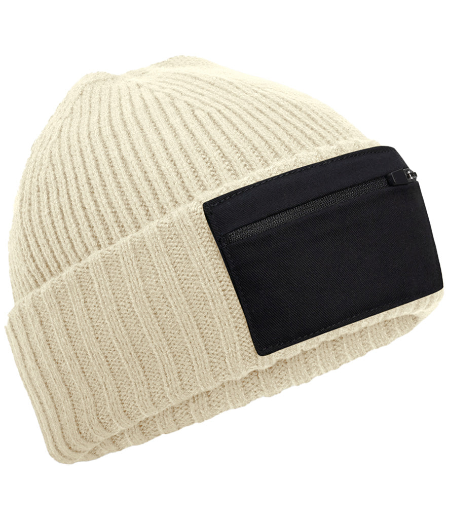 Sand Black Zip Patch Beanie