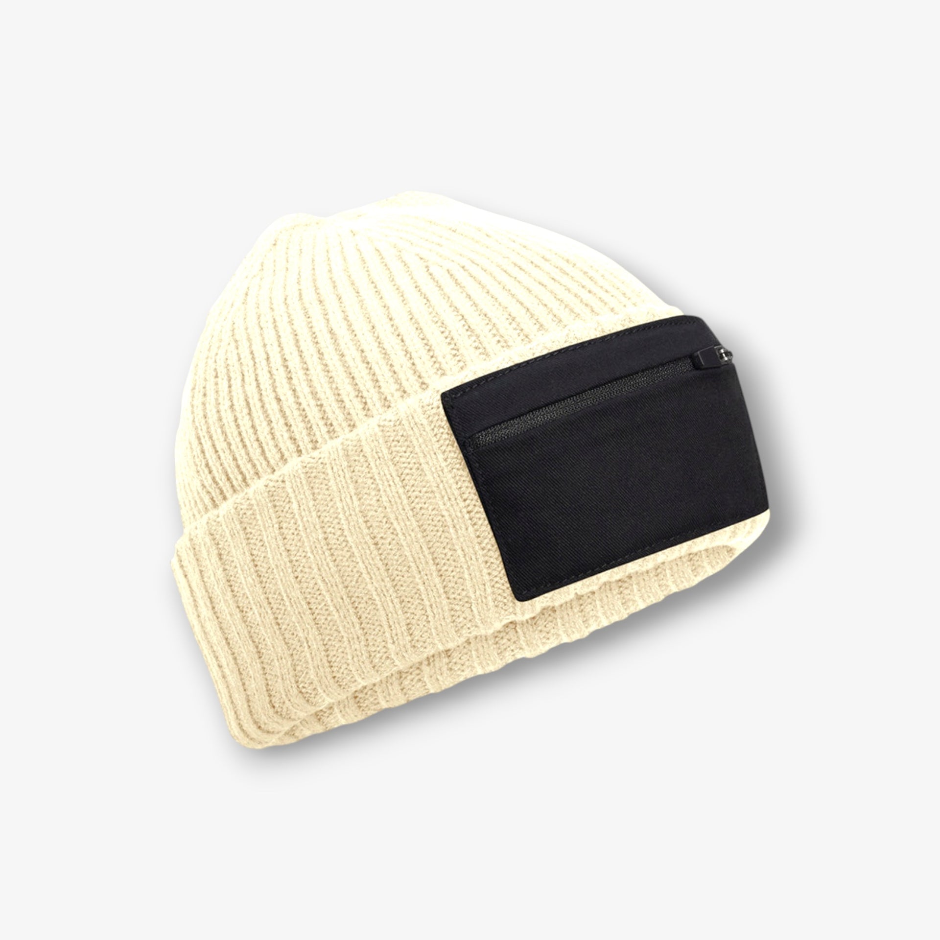 Sand Black Zip Patch Beanie