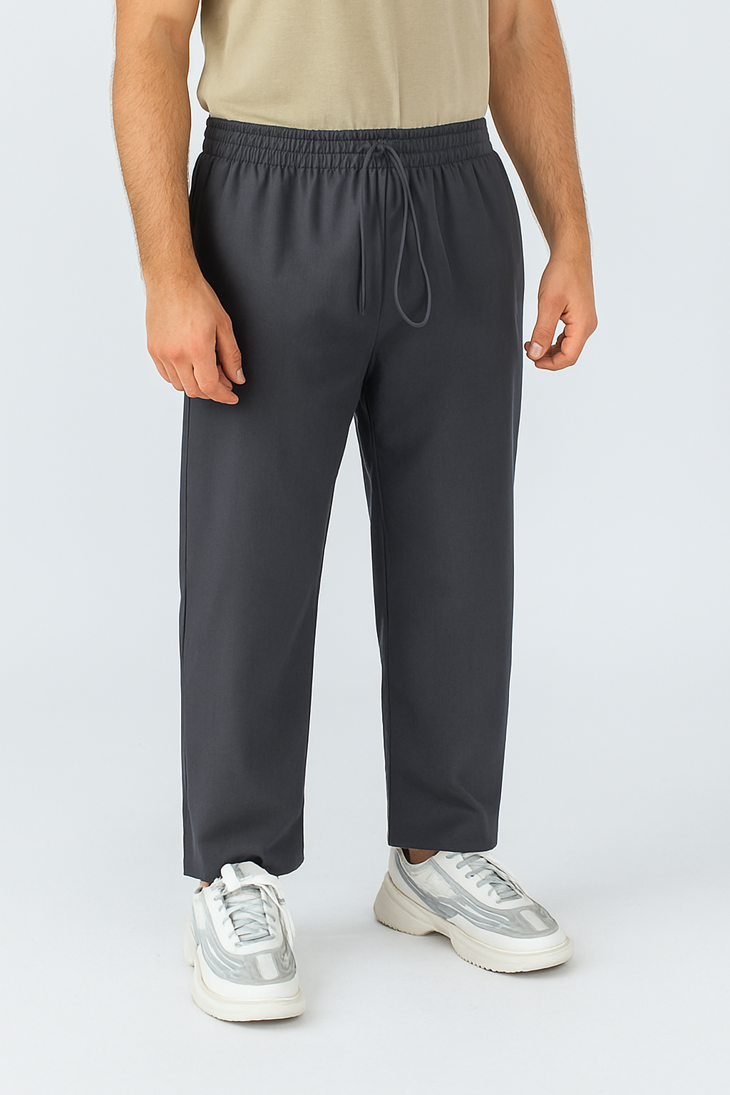 Mens Comfy Charcoal Grey Trousers with Elastic Waist & Zip Pocket