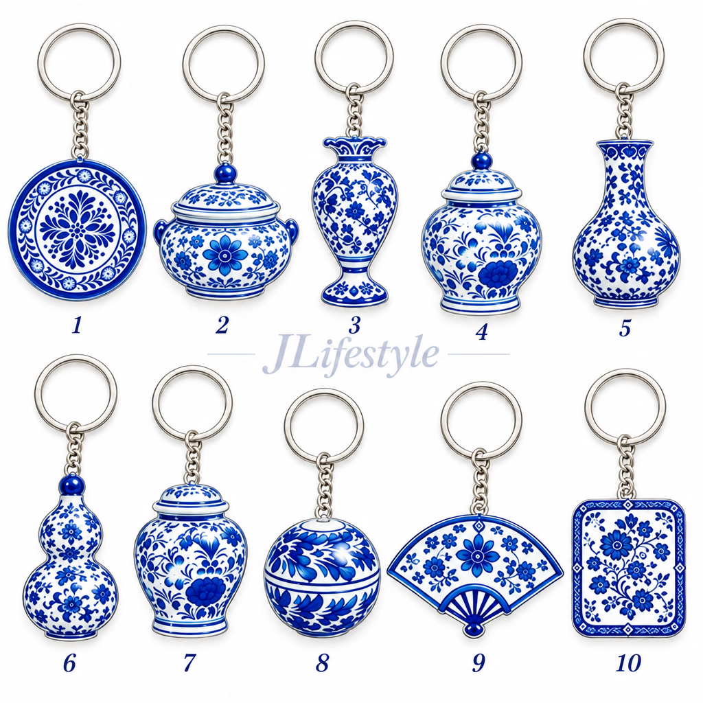 A set of ten blue and white porcelain-style keychains displayed in a black presentation box. The keychains include different shapes such as a round plate, a lidded jar, a vase, a hanging vase, a gourd, a flower pot, a folding fan, and a square plaque, all decorated with intricate floral patterns.