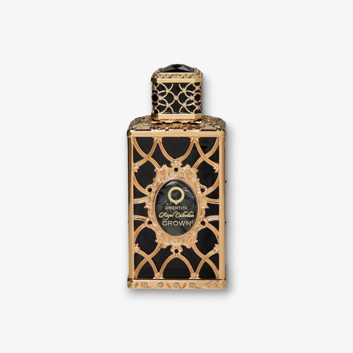 JLifestyle Orientica Royal Collection Crown 80ml perfume bottle in black glass with ornate gold lattice detailing.