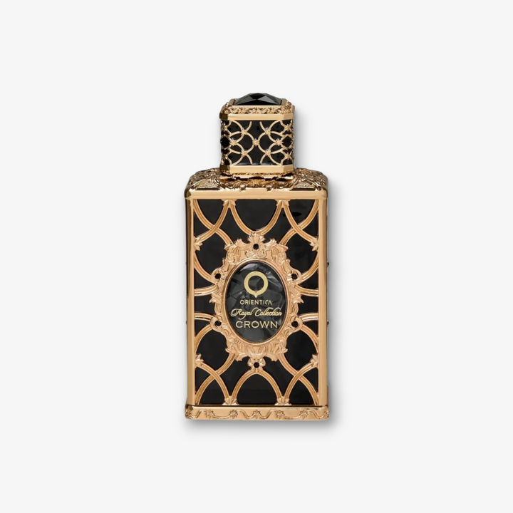 JLifestyle Orientica Royal Collection Crown 80ml perfume bottle in black glass with ornate gold lattice detailing.