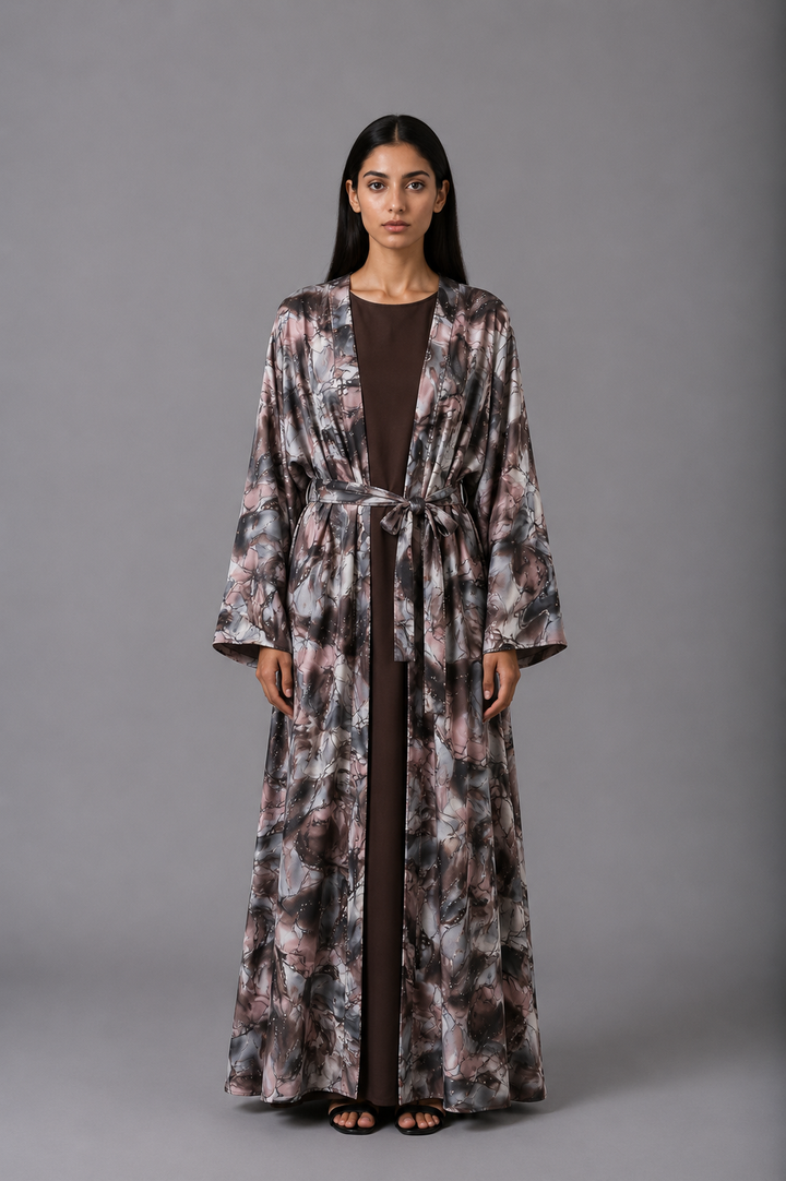 Woman wearing a long, patterned robe against a gray background