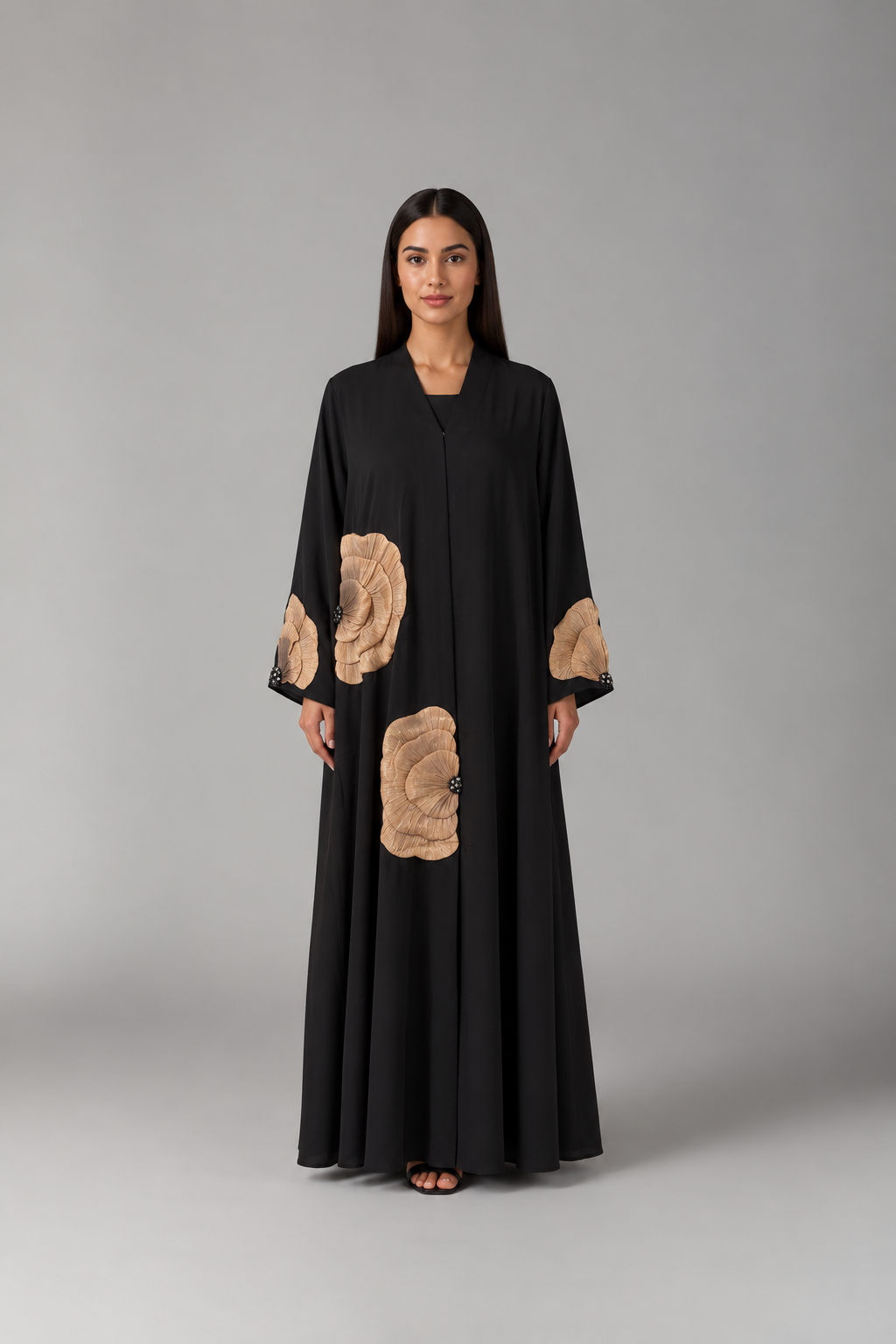Floral Appliqué Abaya – Gold