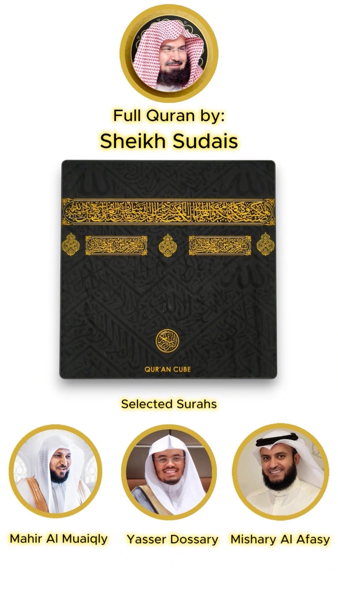 Black Quran cover with gold text and images of sheikhs, labeled 'Full Quran by Sheikh Sudais'.