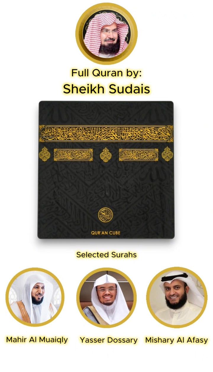 Black Quran cover with gold text and images of sheikhs, labeled 'Full Quran by Sheikh Sudais'.