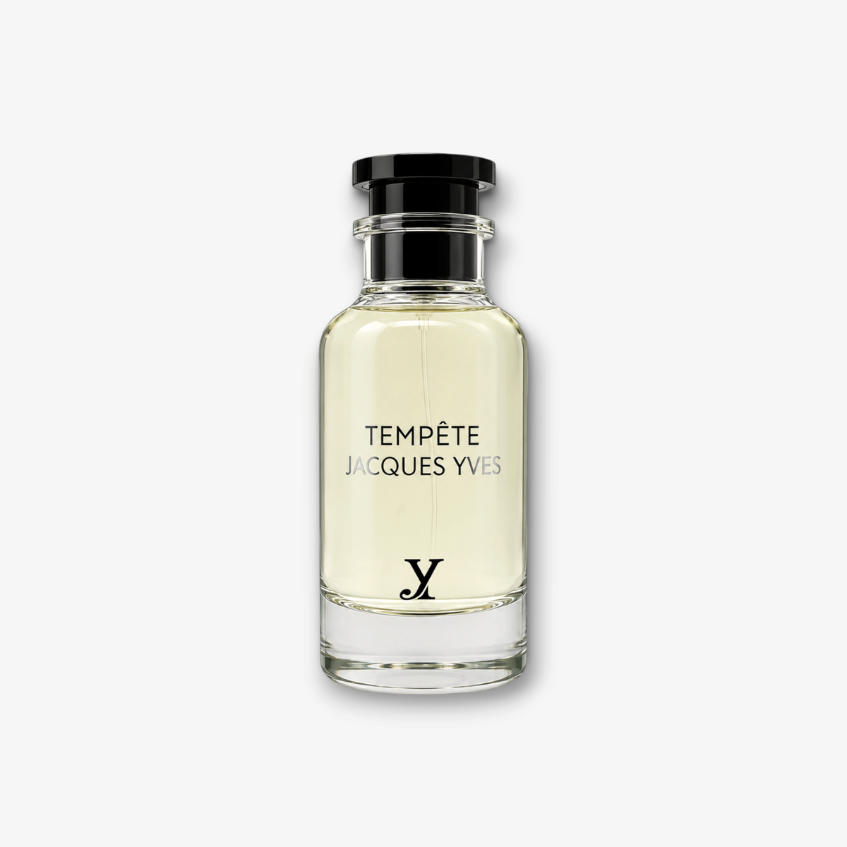 JLifestyle Tempete Jacques Yves 100ml eau de parfum in a clear glass bottle with a black cap and pale yellow liquid.