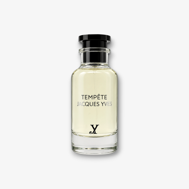 JLifestyle Tempete Jacques Yves 100ml eau de parfum in a clear glass bottle with a black cap and pale yellow liquid.