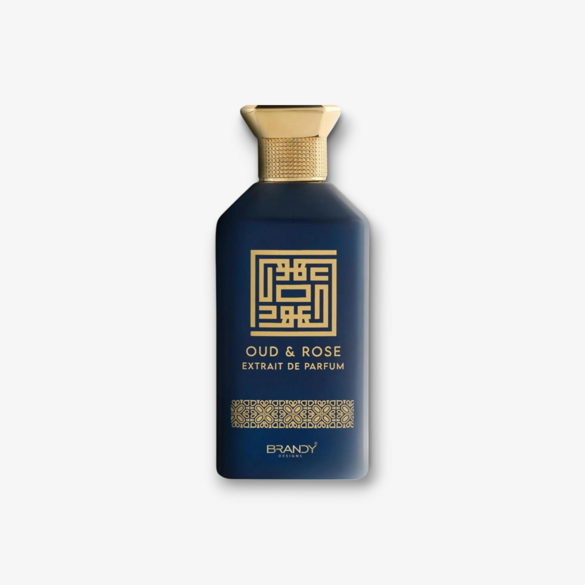 JLifestyle Brandy Designs Oud and Rose Extrait de Parfum in a matte navy blue bottle with gold calligraphy and cap.