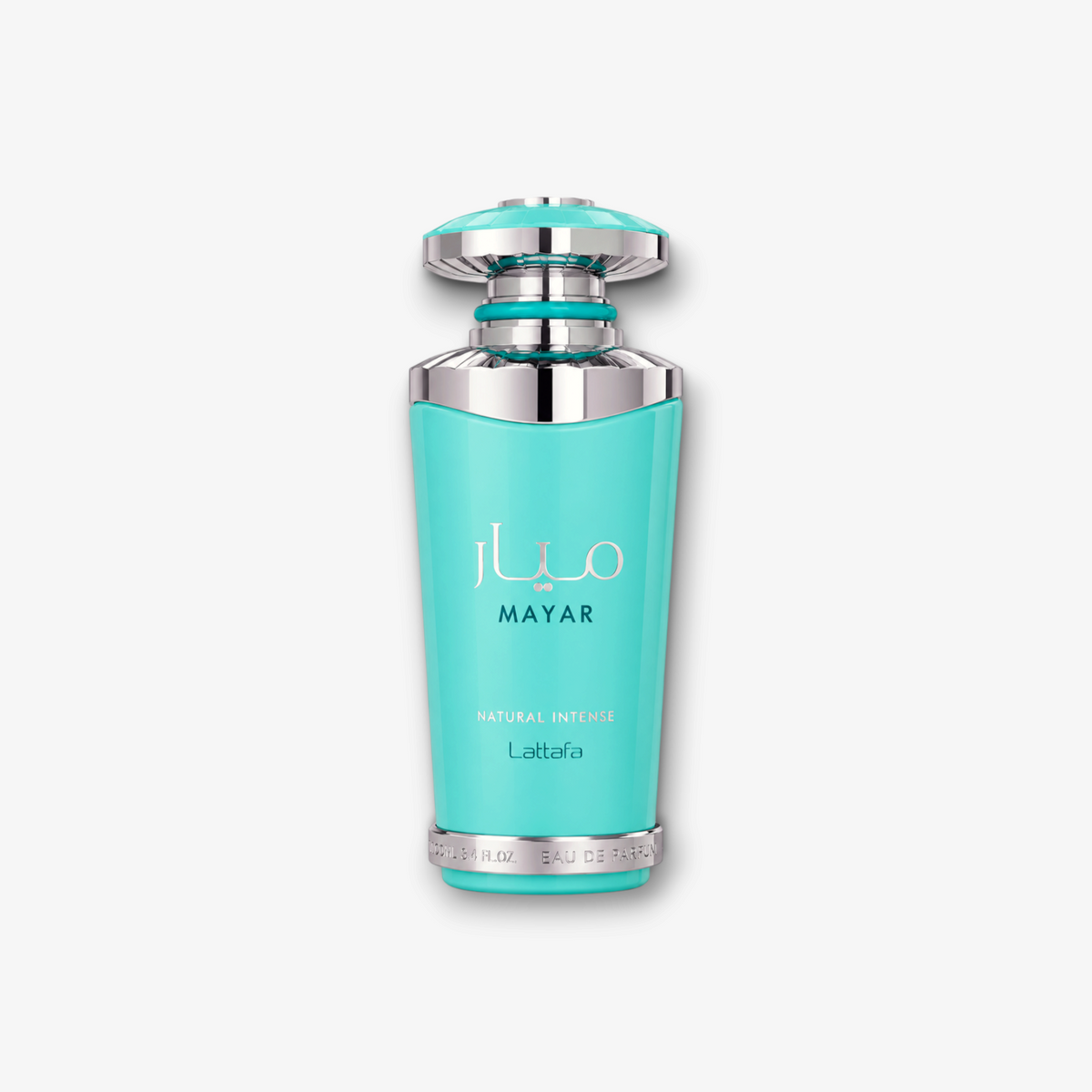 JLifestyle Lattafa Mayar Natural Intense Eau de Parfum in a vibrant turquoise bottle with silver metallic accents.