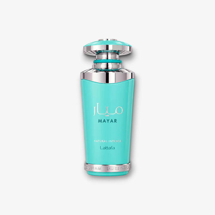 JLifestyle Lattafa Mayar Natural Intense Eau de Parfum in a vibrant turquoise bottle with silver metallic accents.