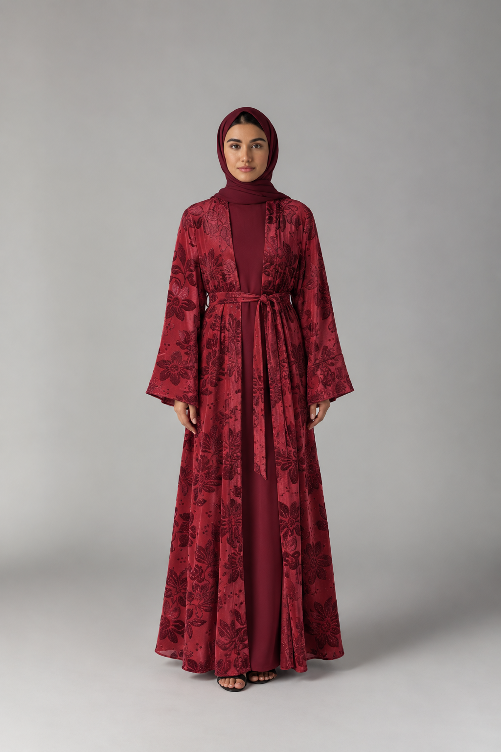 Vermilion Jacquard Kimono Abaya