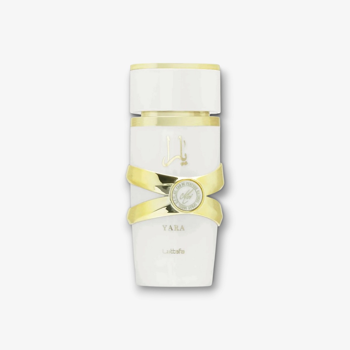 JLifestyle Yara Moi by Lattafa white and gold 100ml perfume bottle with elegant metallic cross detail