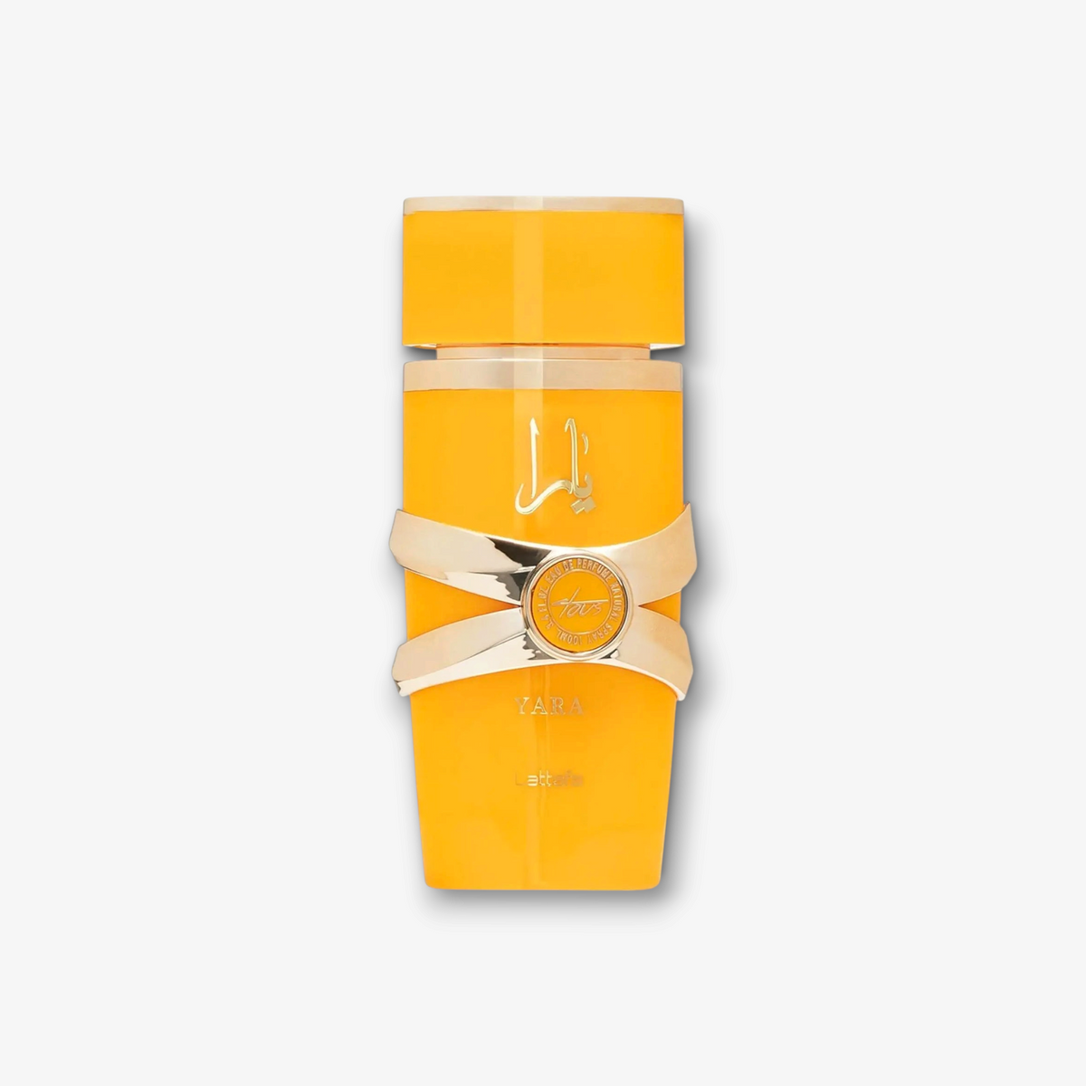 JLifestyle Lattafa Yara Tous perfume bottle in vibrant yellow with gold accents and elegant metallic detailing