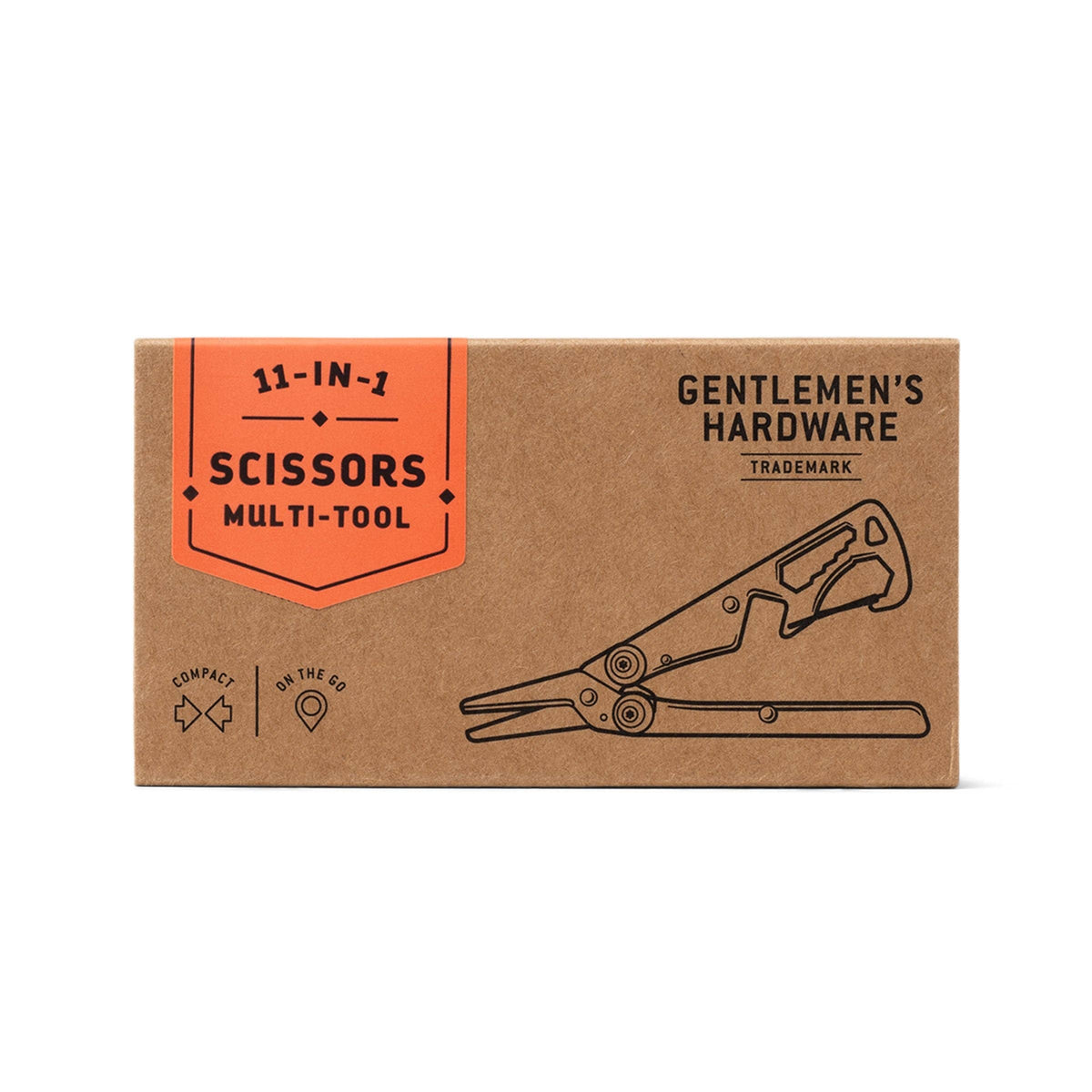 A brown kraft paper box for a 11-in-1 scissors multi-tool by Gentlemen's Hardware, featuring an orange label and a line drawing of the tool on a white background.