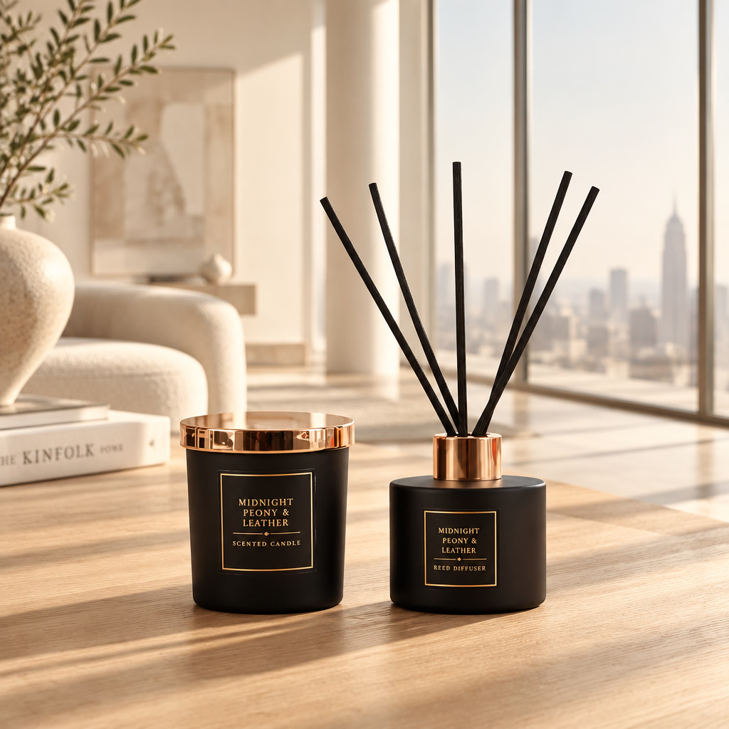 A reed diffuser and matching candle set in matte black glass with metallic gold caps and labels, reading 'Moonlight, Leather & Tobacco' on a clean white background.