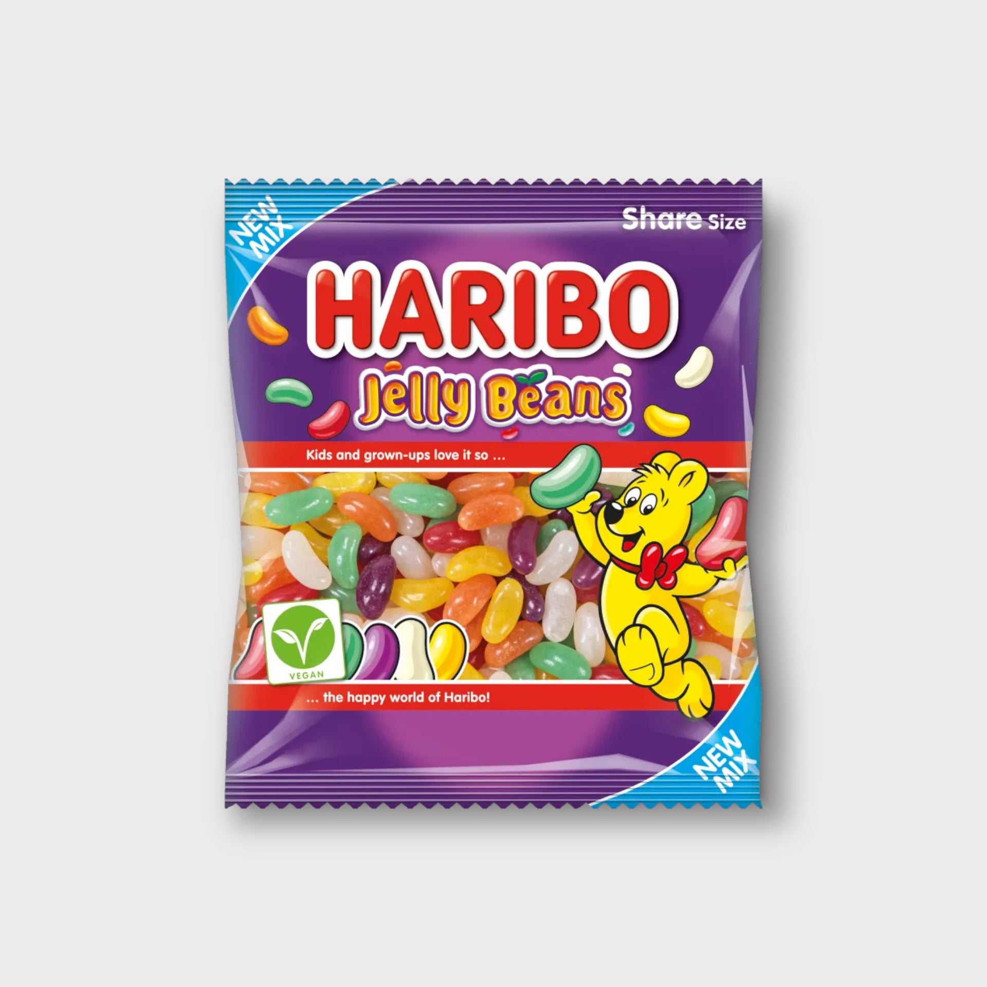 A package of Haribo Jelly Beans displaying various colorful jelly beans and the Haribo logo with a cartoon character.