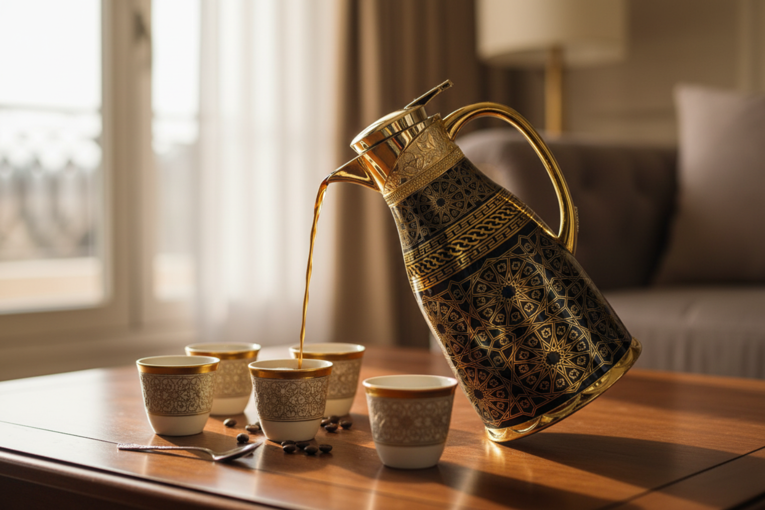 Decorative coffee carafe pouring coffee into cups on a wooden table.