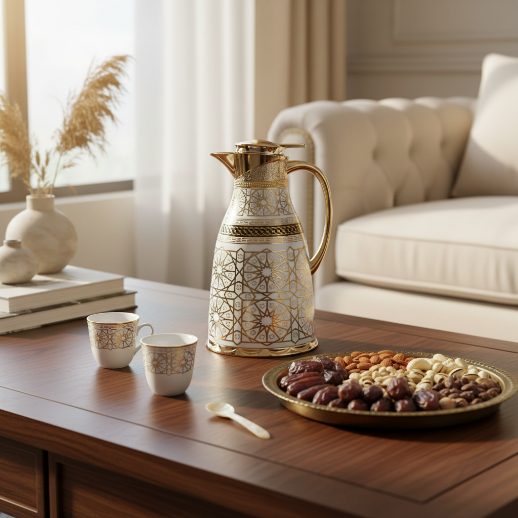 Decorative coffee carafe with cups and a tray of dried fruits on a wooden table.