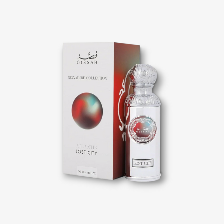 JLifestyle Gissah Lost City 50ml woody fruity perfume bottle with silver cap next to its white and red box