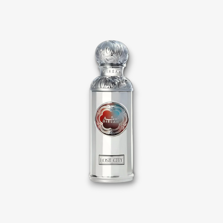 JLifestyle Lost City by Gissah 50ml perfume bottle in a sleek silver metallic finish with ornate cap detailing.