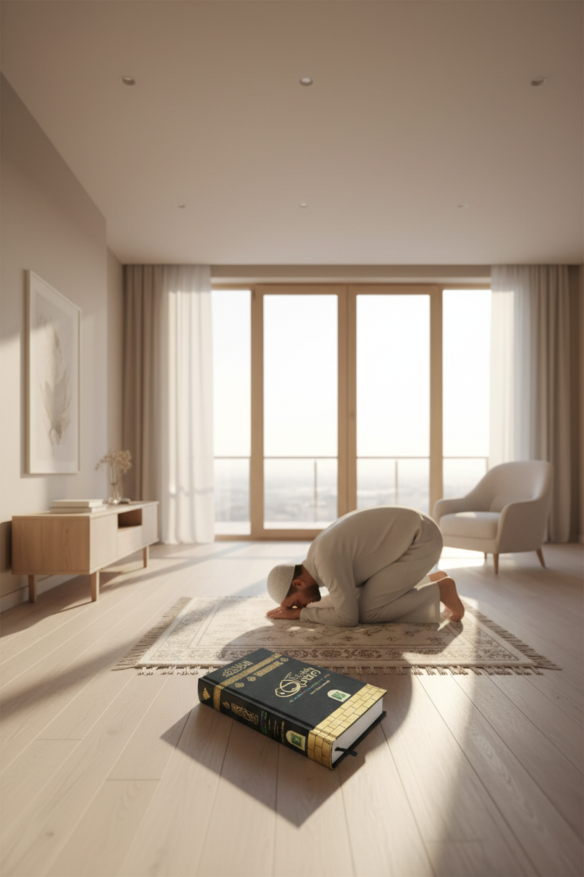 Black Quran with gold text on a white background