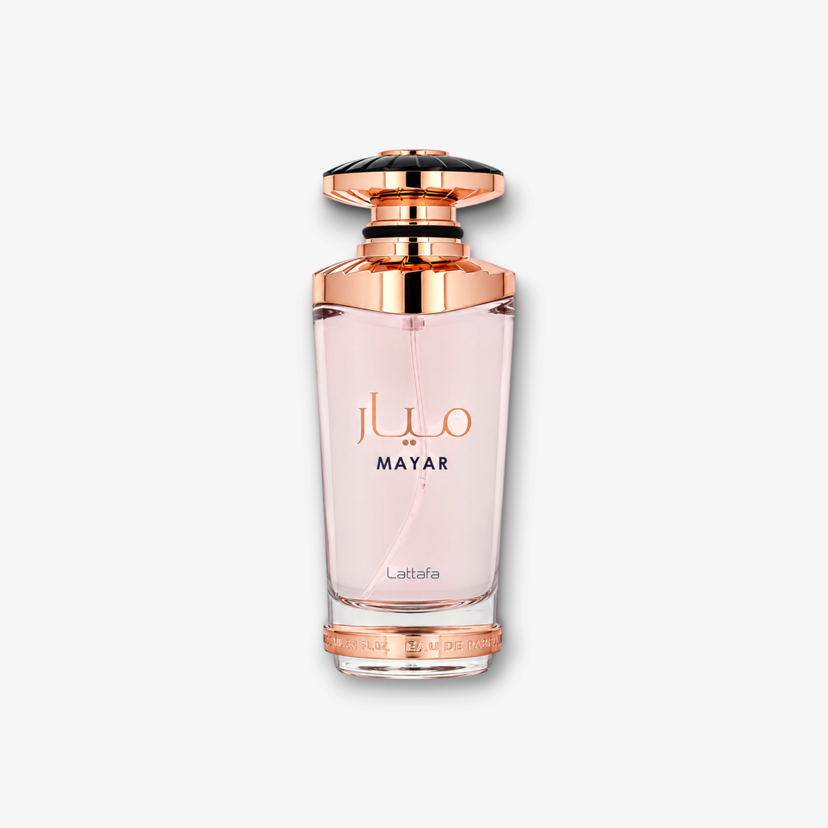 JLifestyle Lattafa Mayar perfume in a 100ml glass bottle with rose gold accents and elegant Arabic calligraphy.