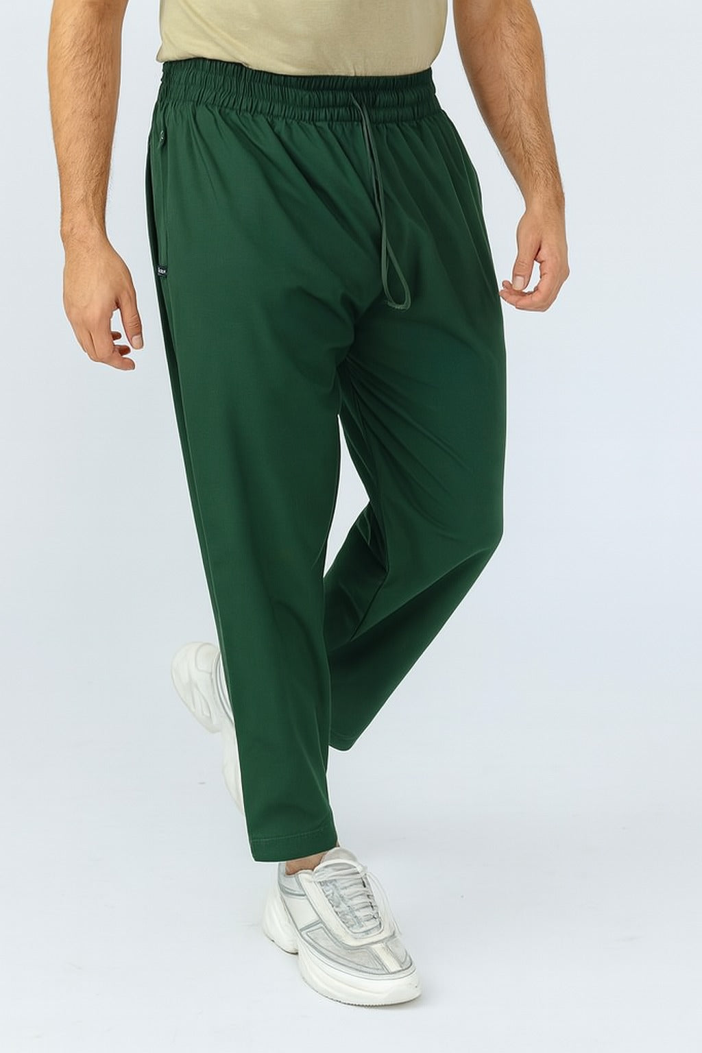 Mens Comfy Green Trousers with Elastic Waist & Zip Pocket