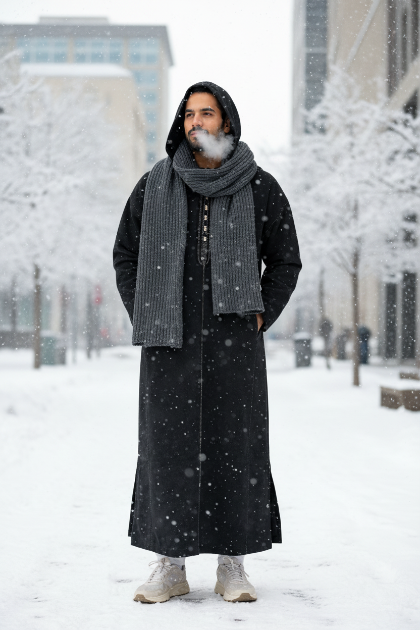 Man wearing a long black coat with a hood on a white background