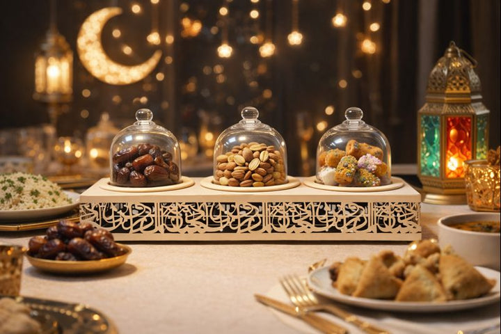 Decorative display of nuts and dried fruits on a table with a warm, festive background.