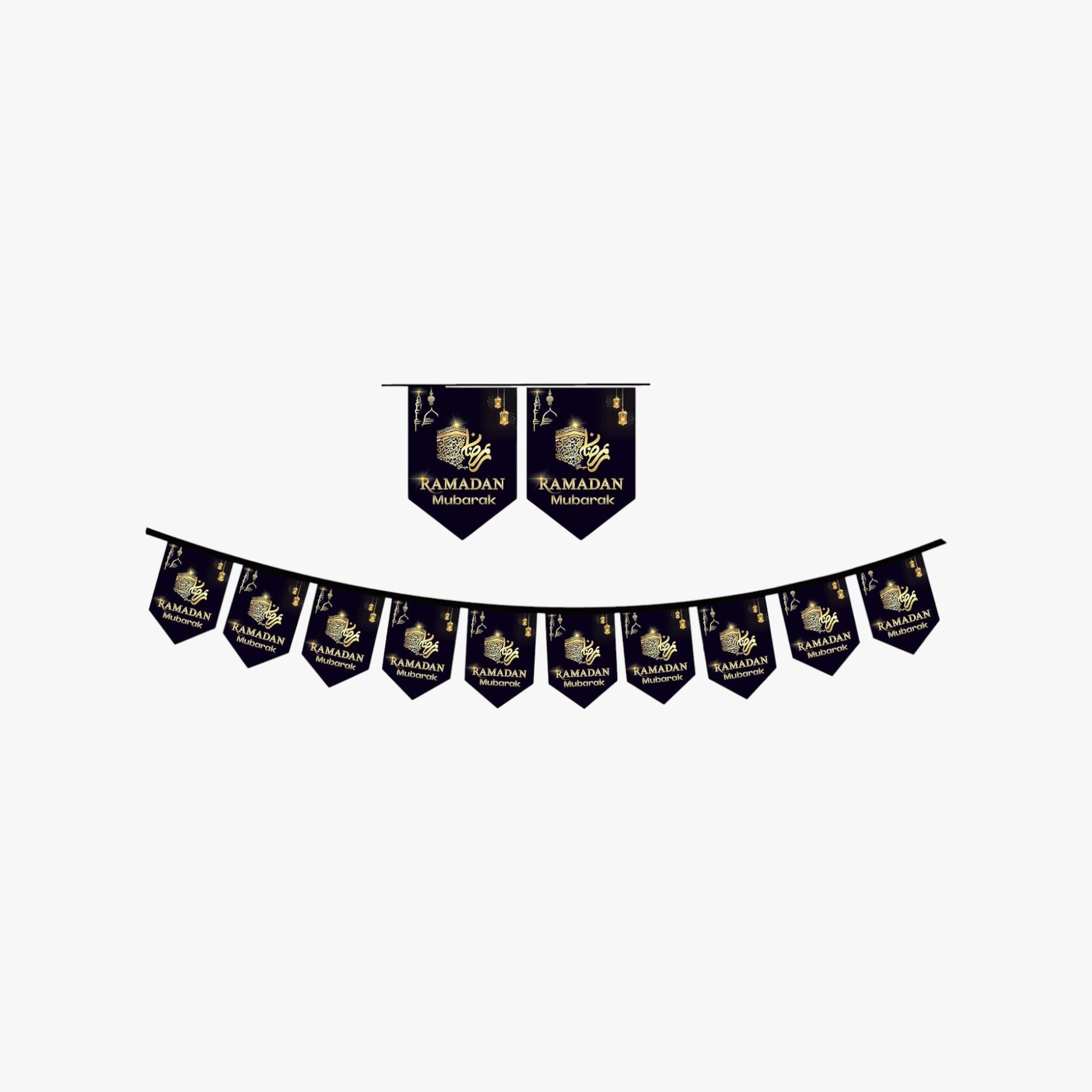 Black and gold Ramadan banner with small flags on a white background