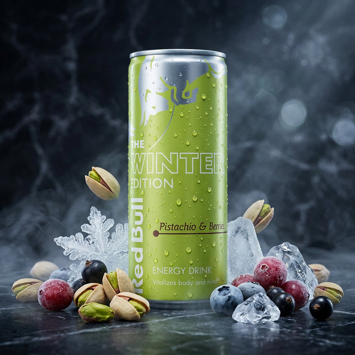 A single Red Bull Energy Drink can in the Winter Edition flavor, featuring a bright pistachio green color with condensation droplets, white text, and a silver top and bottom rim.