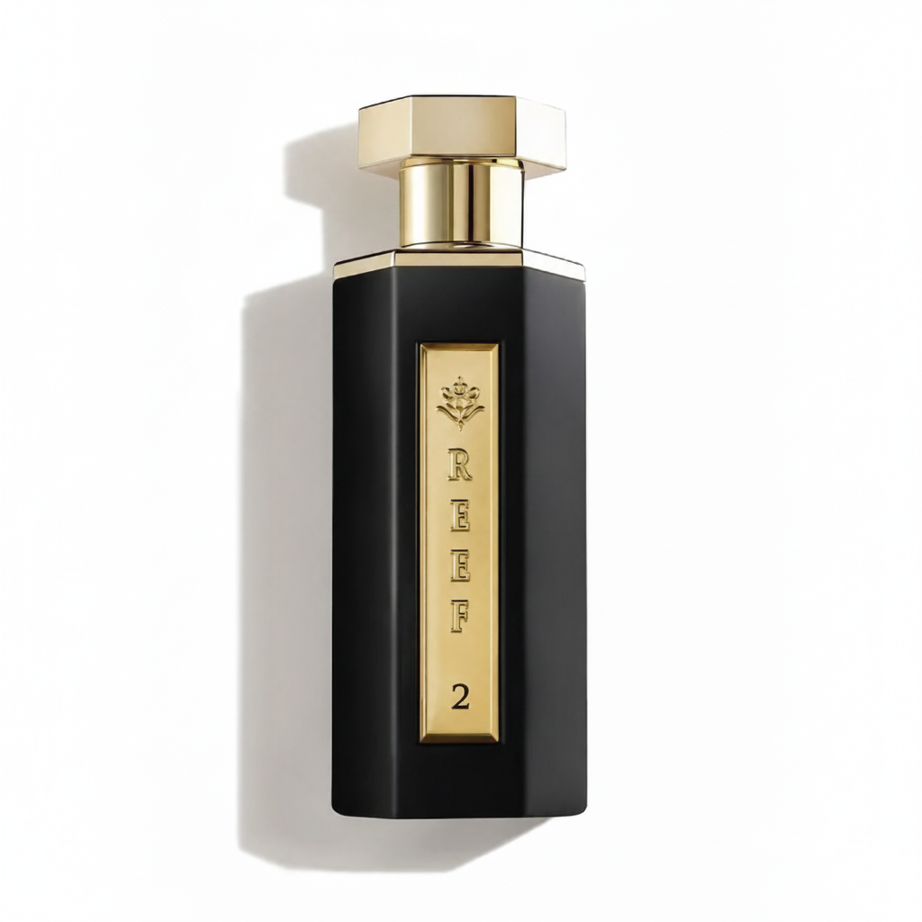 Perfume bottle with gold cap and black body on a white background