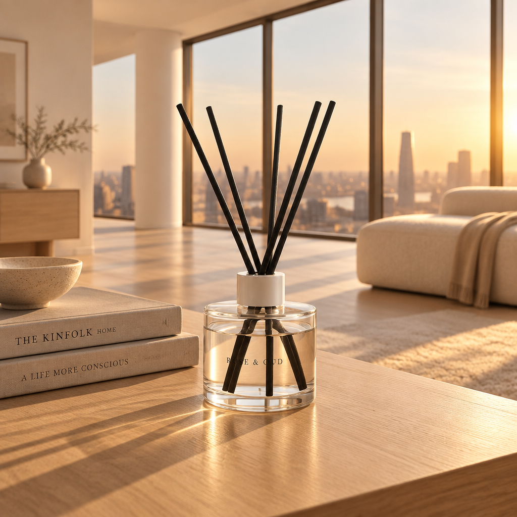 A clear glass reed diffuser bottle with a silver collar and six black reeds, on a warm beige background. The brand name 'BREE & CO' is printed on the bottle.