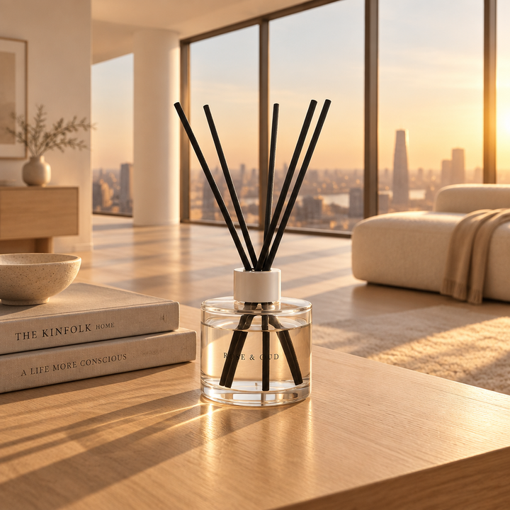 A clear glass reed diffuser bottle with a silver collar and six black reeds, on a warm beige background. The brand name 'BREE & CO' is printed on the bottle.