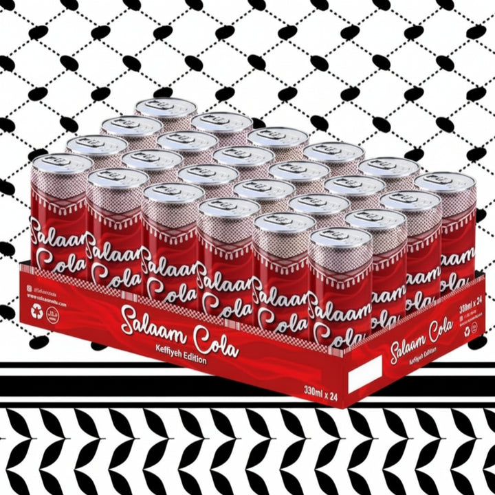 Case of Salama Cola cans on a black and white patterned background