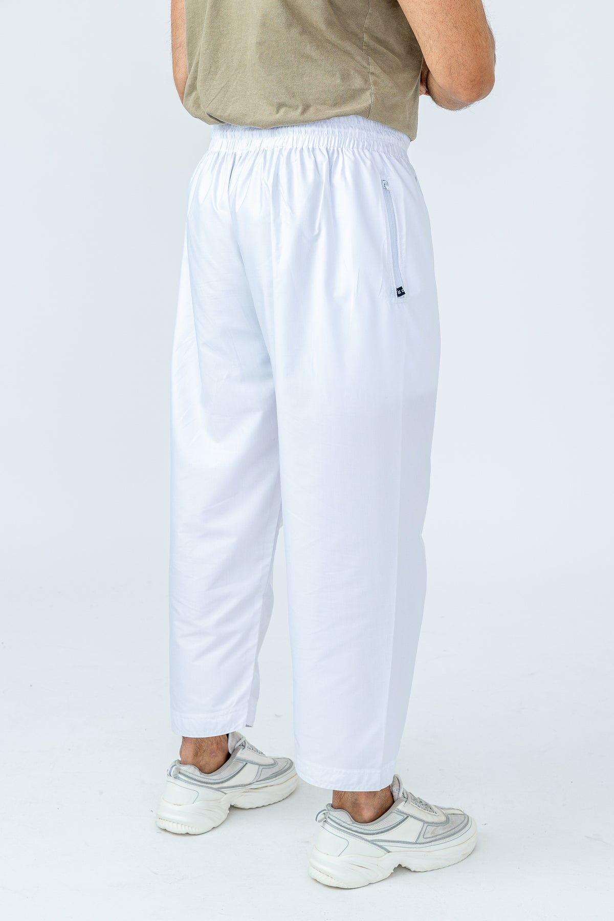 Mens Comfy White Trousers with Elastic Waist Zip Pocket JLifestyle