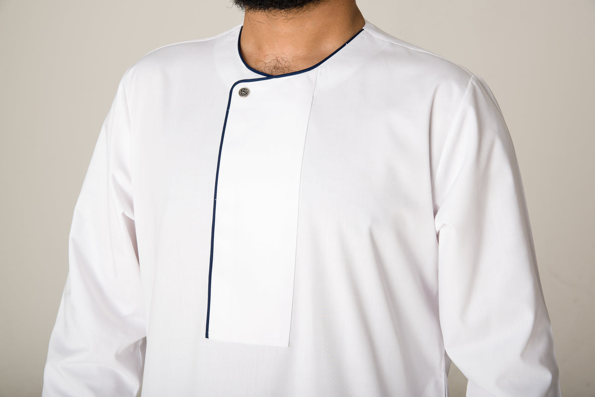 White Piping Stud Thobe - jubbas.com